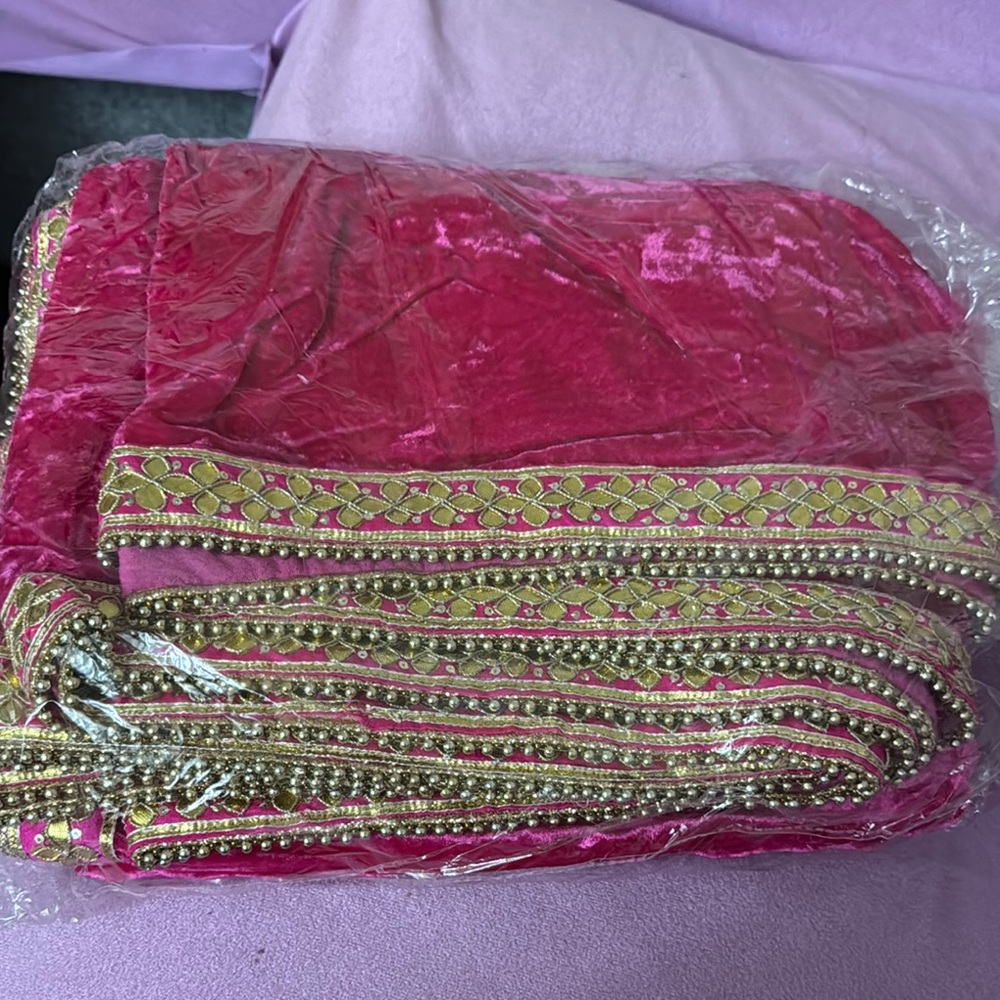Pink Velvet Fabric with Gold Embellishments